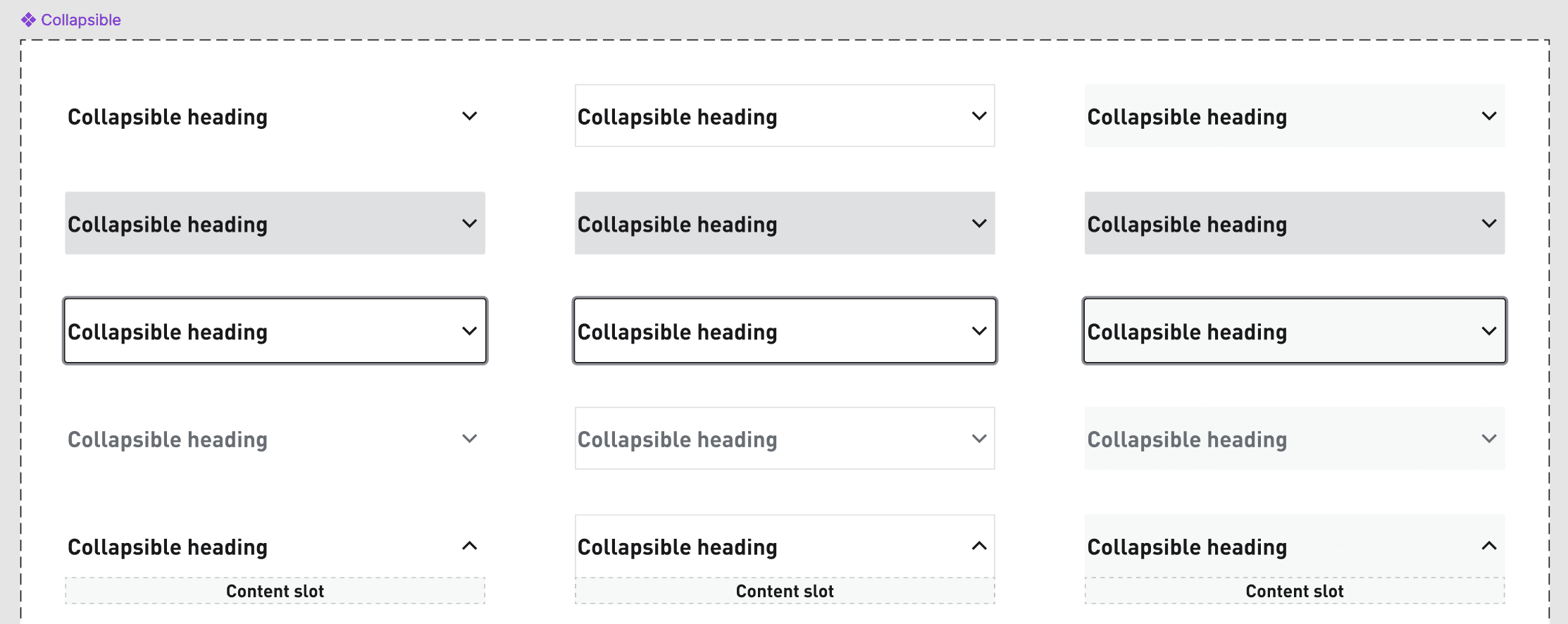 Collapsible component light-themed variants.