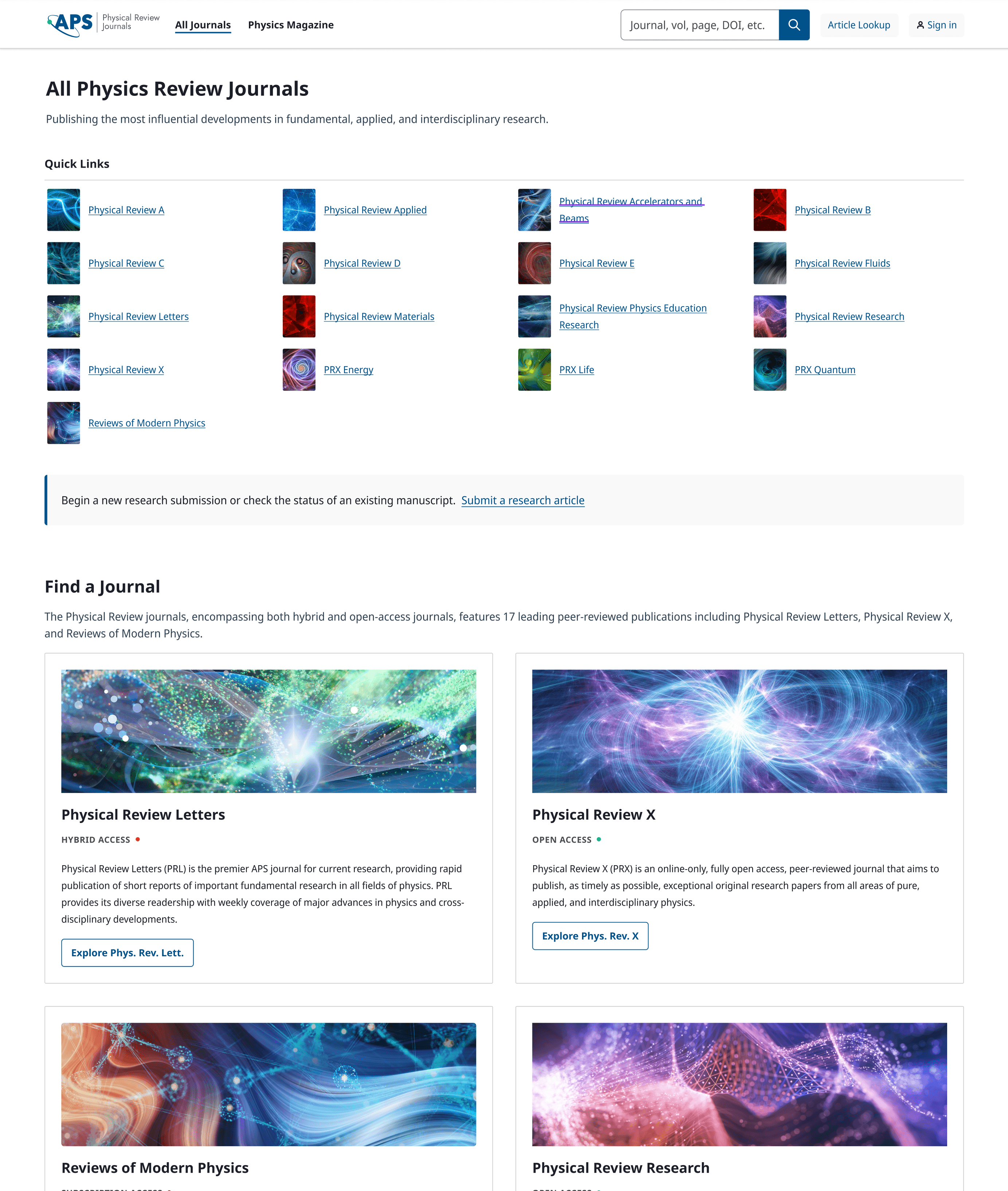 All Journals page on desktop includes a list of links to journals with their image thumbnails, and a sorted list of cards featuring each journal.