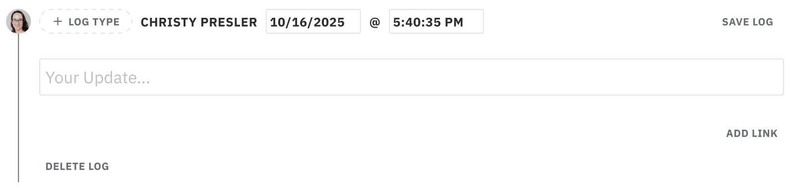 Screen shot of the log editing interface with automated date entry, add link button, and delete log button.